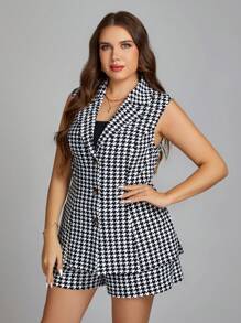 SHEIN Clasi 大碼千鳥格印花背心西裝外套和短褲 - 黑與白 - 查看 5