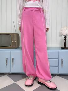 SHEINNeu Contrast Piping Slant Pocket Pants - Pink - View 4