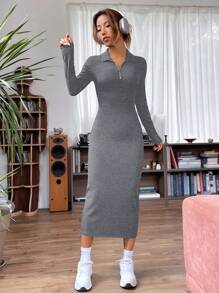 Muchica 女士休闲日常通勤简约纯色半拉链长袖修身连衣裙，春秋季 - 灰色 - 查看 5