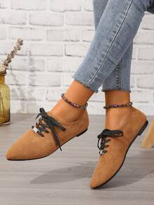 女式時尚流行大碼尖頭繫帶百搭舒適平底鞋棕色 - 棕色 - 查看 4