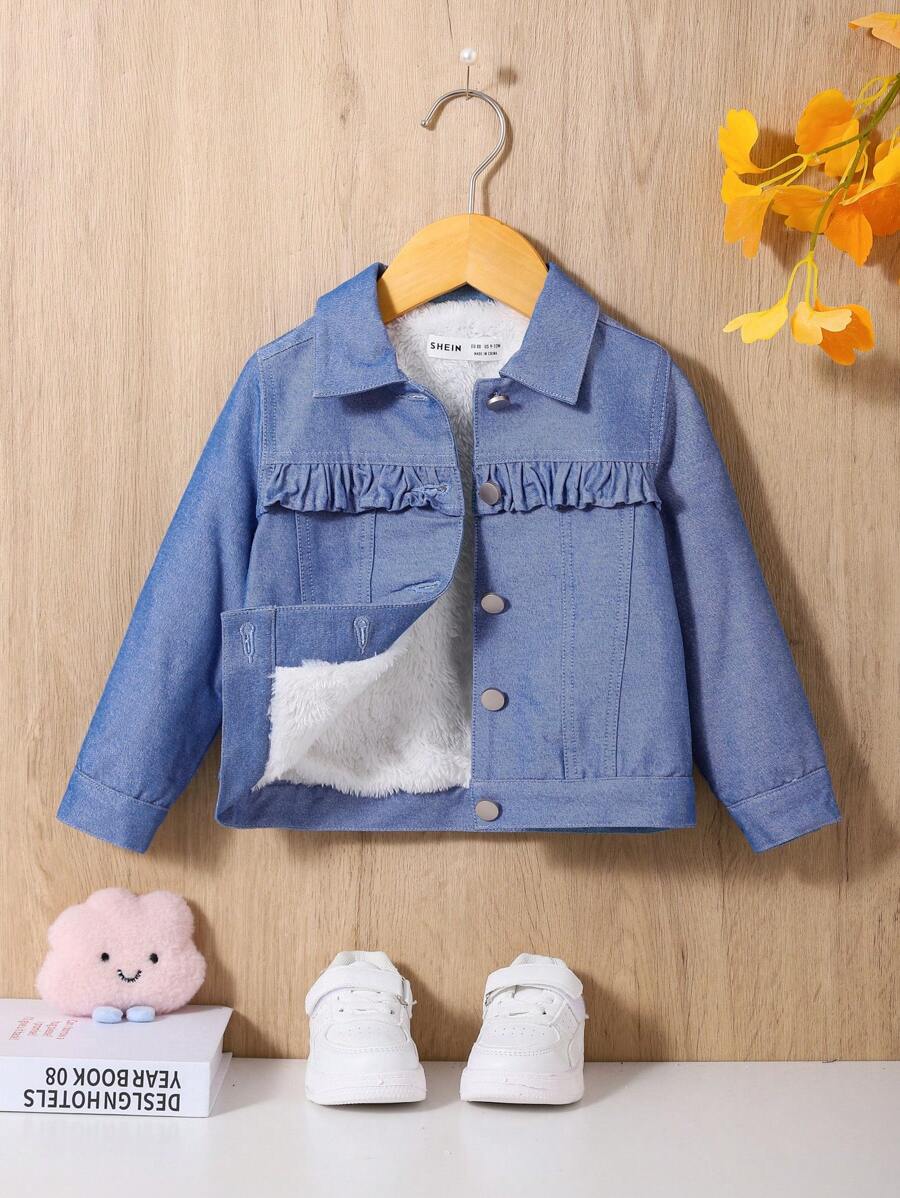 SHEIN Baby Girl Teddy Lined Frill Trim Button Front Denim Effect Jacket - Blue - View 1