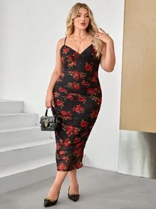 SHEIN Privé Plus Đầm Bodycon Cami in hoa - màu đen - Xem 4