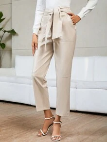 SHEIN Privé High Waist Belted Straight Leg Pants - Apricot - View 6
