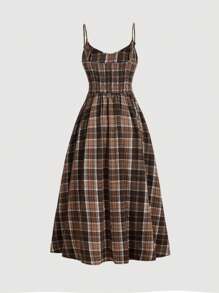 SHEIN MOD 格紋印花吊帶洋裝 - 棕色 - 查看 2