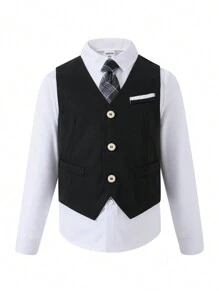 Tween Boy Button Front Waistcoat & Tie - Black - View 1