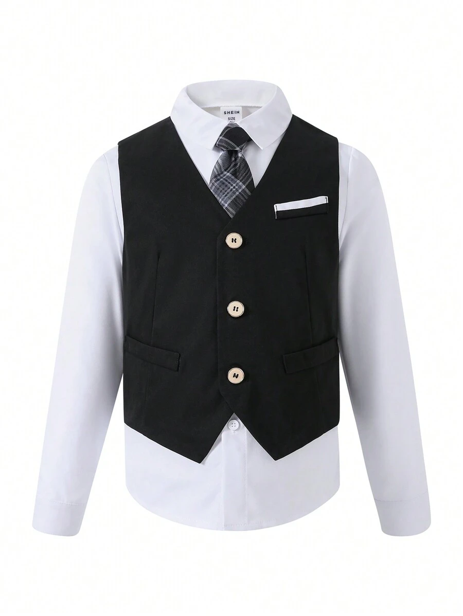 Tween Boy Button Front Waistcoat & Tie - Black - View 1