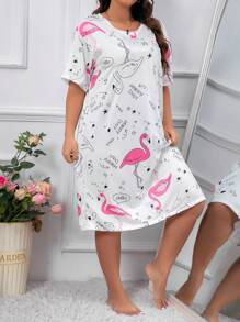 Plus Flamingo Print Pajama Nightdress - White - View 5