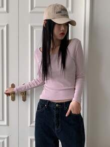 DAZY 淨色低圓領短款T恤 - 粉色 - 查看 7