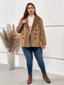 EMERY ROSE 大碼西裝領雙排釦毛絨內襯外套 - 卡其色 - 查看 4