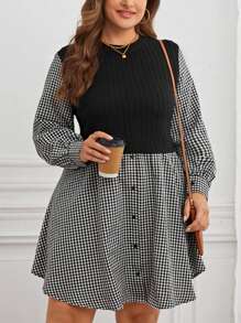 SHEIN LUNE 大碼格子圖案燈籠袖假兩件洋裝 - 黑與白 - 查看 1
