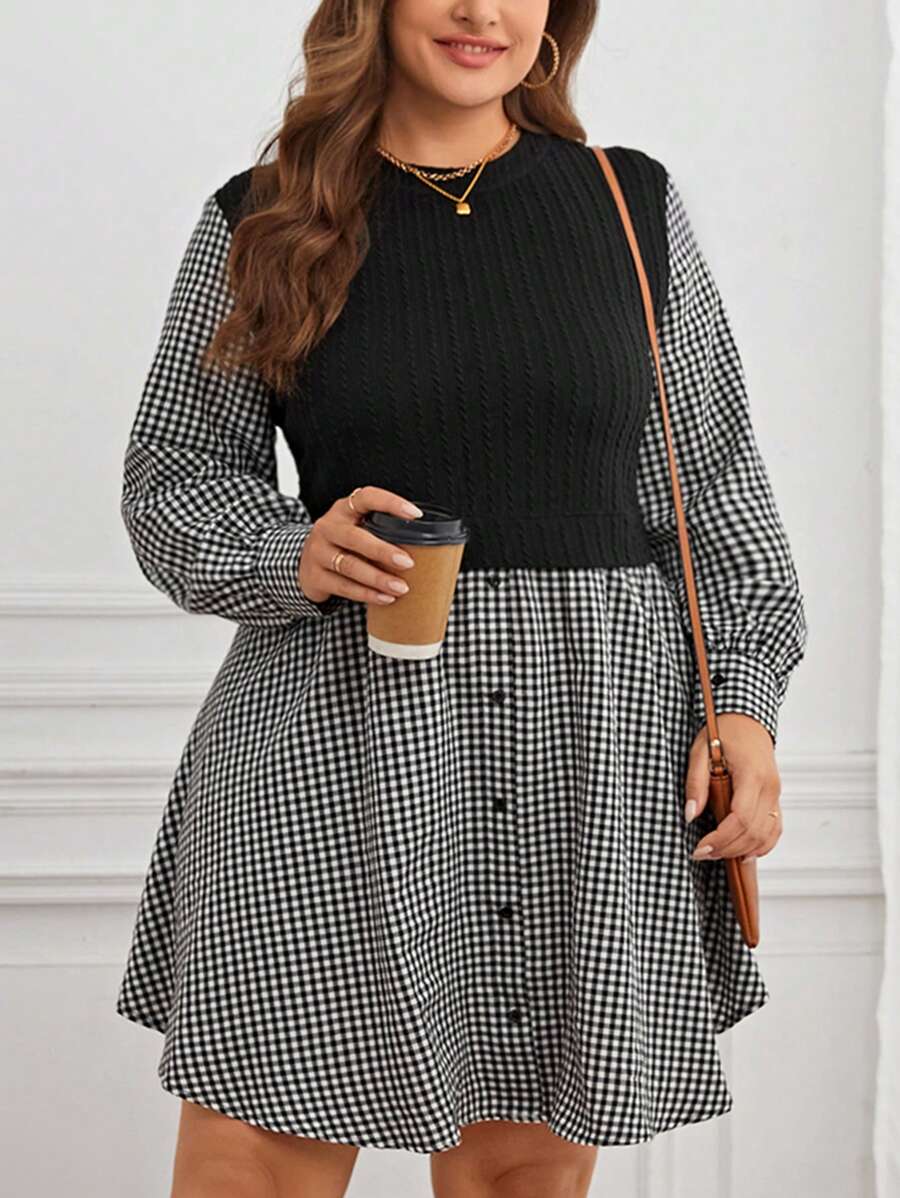 SHEIN LUNE 大碼格子圖案燈籠袖假兩件洋裝 - 黑與白 - 查看 1