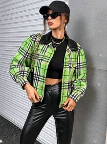 SHEIN Essnce Plaid Print Drop Shoulder Crop Jacket - Green - View 6