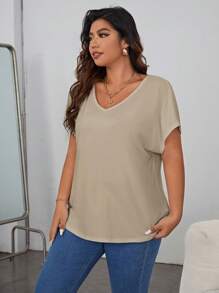 SHEIN Essnce Plus Solid Batwing Sleeve V Neck Tee - Khaki - View 4