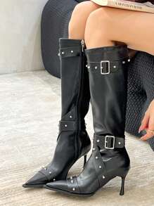 Women's Spring/summer/autumn/winter Rivet Decorated Fashion Pointed Toe Knee High Boots - Black - View 1