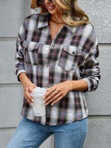 SHEIN LUNE Plaid Print Drop Shoulder Button Front Flap Pocket Jacket - Multicolor - View 5