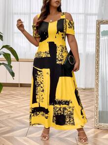 Women Plus Graphic Print Cold Shoulder Maxi Dress, Summer Outfit