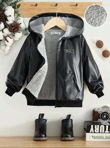 SHEIN 男小童拉鏈開襟加絨內裏連帽PU皮革夾克 - 黑色 - 查看 1