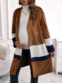 SHEIN Mutterschafts Colour-Block Flanell Mantel mit offenem Vorderteil, für den Winter - Verschiedenfarbig - Übersicht 6