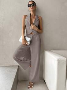 SHEIN Unity Solid Button Front Vest Blazer & Wide Leg Pants - Dusty Purple - View 7