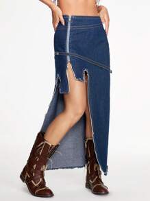 SHEINNeu 毛邊緣不對稱下擺牛仔半身裙 - 藍色 - 查看 4