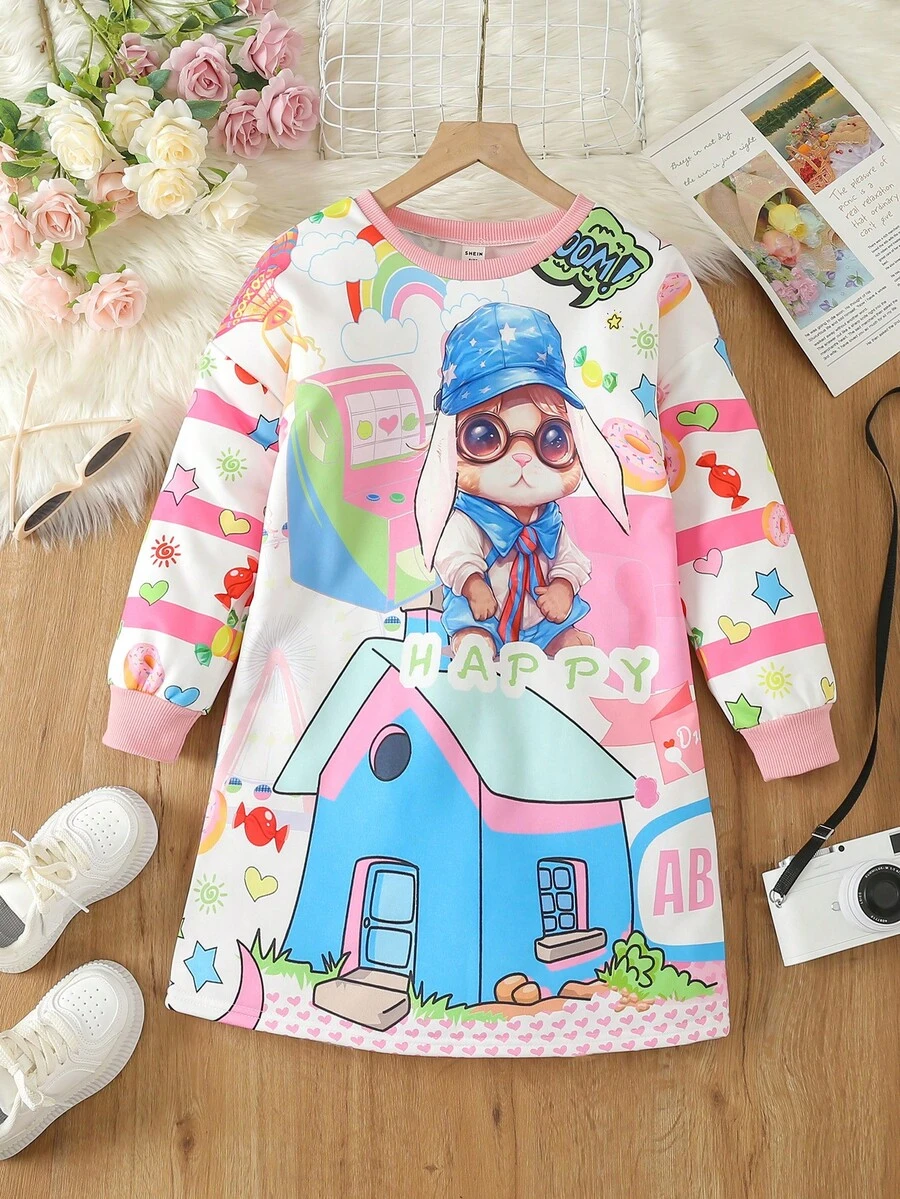 SHEIN 女大童卡通圖案落肩袖洋裝 - 彩色 - 查看 1