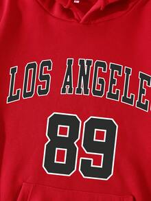 男士字母圖案袋鼠口袋抽繩保暖連帽衫 - 紅色 - 查看 5