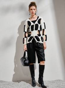 Chiquease Áo len chui đầu dáng suông, cài cúc phía trước, vai rớt, chất liệu dệt kim, thích hợp cho mùa thu đông. - Đen và trắng - Xem 4