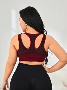 大碼網紗拼接工字運動型胸罩 - 酒紅色 - 查看 2