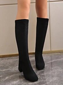 女式時尚粗跟及膝靴，簡約方頭設計 - 黑色 - 查看 2