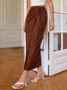 Poéselle Solid Knot Side Wrap Skirt - Brown - View 3