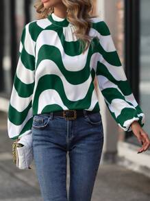SHEIN Clasi Áo kiểu tay phồng in họa tiết sóng sọc cổ lồng - màu xanh lá - Xem 1