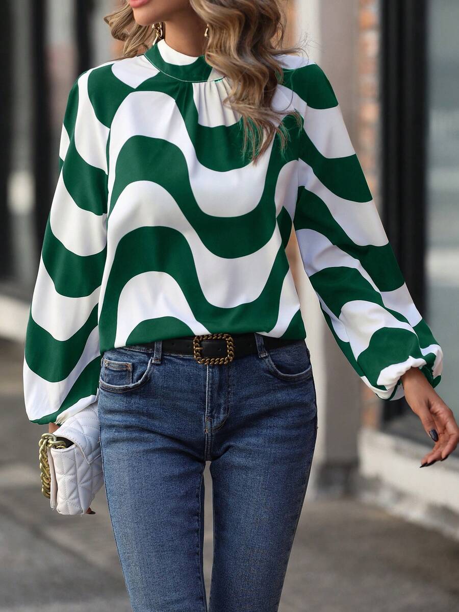 SHEIN Clasi Áo kiểu tay phồng in họa tiết sóng sọc cổ lồng - màu xanh lá - Xem 1