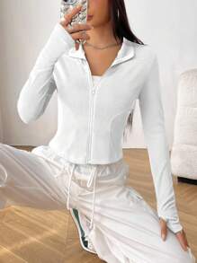 SHEIN EZwear 拉鏈開襟條紋針織短夾克 - 白色 - 查看 4