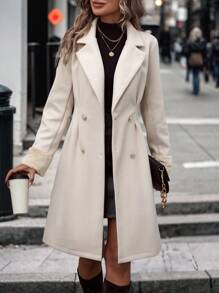 SHEIN LUNE Lapel Neck Double Breasted Overcoat Fall Winter Cloth For Women - Apricot - View 6