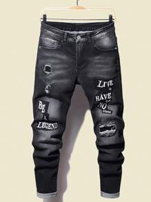 Manfinity Roghcode Pantalones vaqueros largos de corte slim, lisos, de algodón, con gráfico de letras, desgastados y deshilachados, de color gris oscuro, para hombres como regalo para esposo o novio - Negro - Ver 1