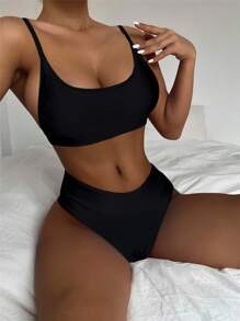 純色比基尼套裝 - 黑色 - 查看 1