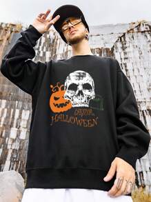 NITAGUT Men Pumpkin Print Sweatshirt, For Halloween - Black - View 2