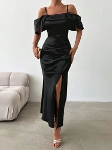EURMUSE Cold Shoulder Split Thigh Satin Dress - Black - View 3