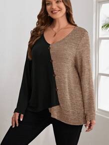 Plus Two Tone Button Front Tee - Khaki - View 3