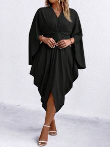 SHEIN Clasi Plus Solid Batwing Sleeve Twist Front Asymmetrical Hem Dress - Black - View 6