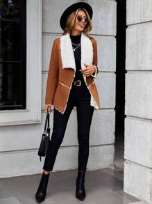 SHEIN LUNE 大翻領毛絨內襯開門襟外套 - 棕色 - 查看 4