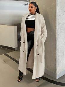 SHEIN SXY Double Breasted Belted Longline Teddy Coat - Beige - View 4