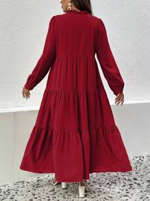 SHEIN LUNE 大碼半排扣多層荷葉邊娃娃裙 - 酒紅色 - 查看 2