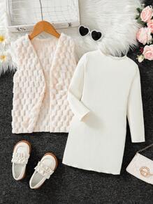 SHEIN Young Girl Solid Cardigan & Mock Neck Dress - Apricot - View 1