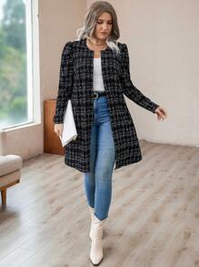 SHEIN Clasi Plus Plaid Print Open Front Coat - Black - View 3
