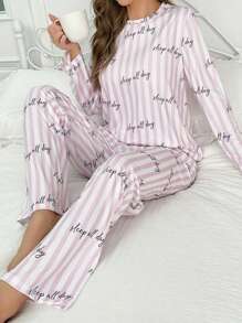 Lazeform Striped & Letter Graphic Tee & Pants PJ Set / Pajama Set Holiday Season, Fall Clothes Cozy And Elegant Details, Winter - Baby Pink - View 4