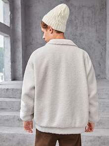 SHEIN Teen Boy Drop Shoulder Flap Detail Teddy Jacket - White - View 2