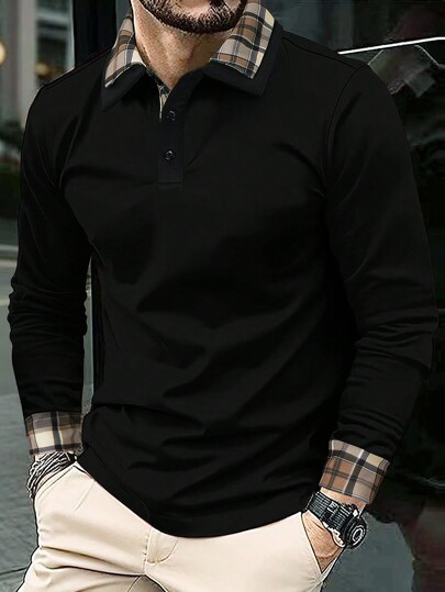 Manfinity Mode Herren kariertes Poloshirt mit Langarm, Knopfkragen, Farbblöcke, lässiges Poloshirt für Ehemänner, Herbst