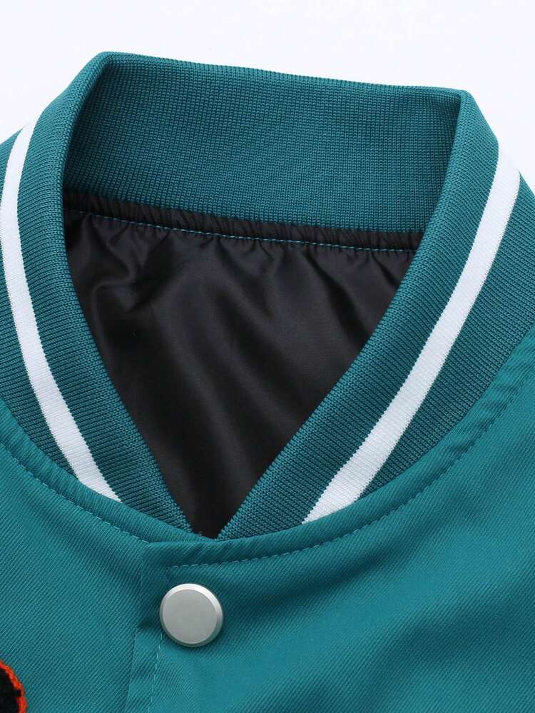 Men Letter Patched Striped Trim Colorblock Varsity Jacket Without Hoodie
