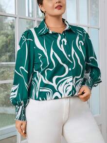 SHEIN Privé Plus Graphic Print Lantern Sleeve Shirt - Green - View 4
